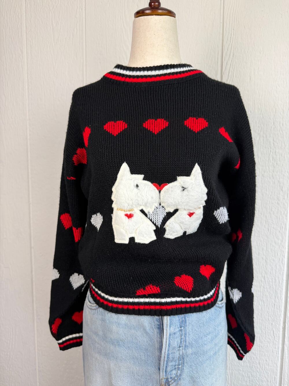 Vintage Scottie Dog Heart Sweater Made in USA Black Red White